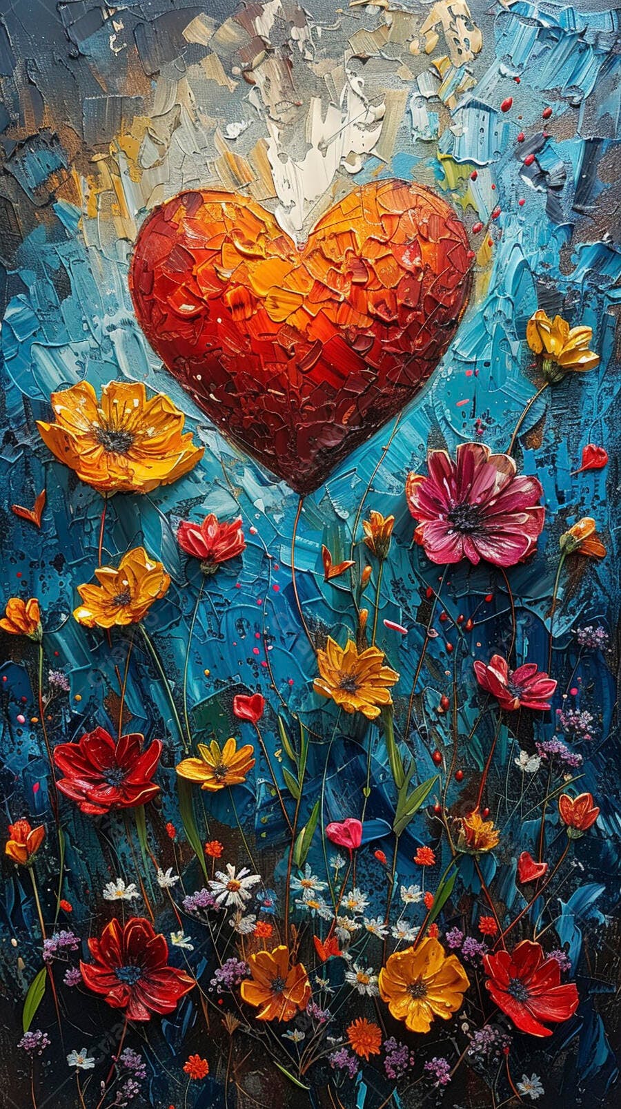 Pintura a óleo coração vermelho e flores vibrantes em fundo azul texturizado