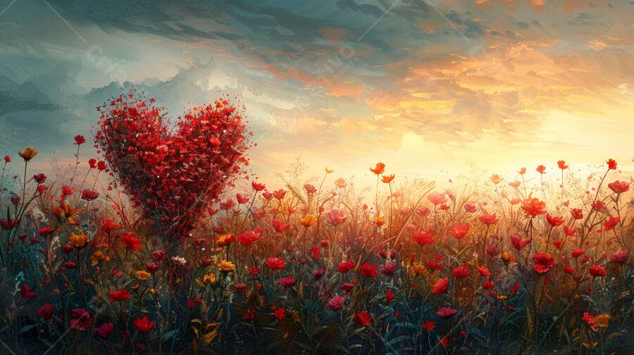 Campo de flores vermelhas com arbusto em forma de coração ao pôr do sol