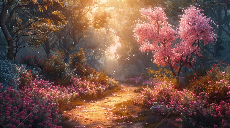 Caminho florido em floresta encantada com cerejeiras e luz dourada