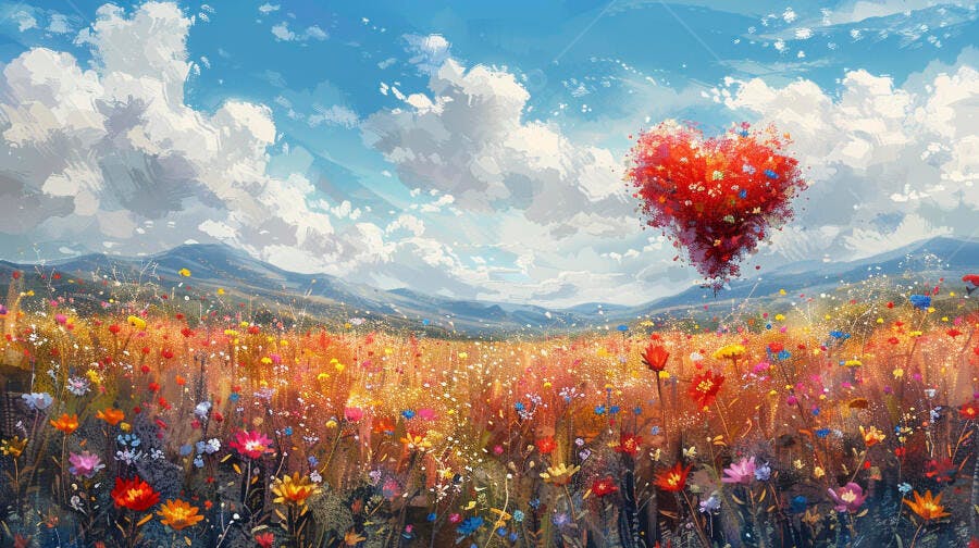 Coração vermelho flutuante em campo de flores coloridas sob céu azul sereno