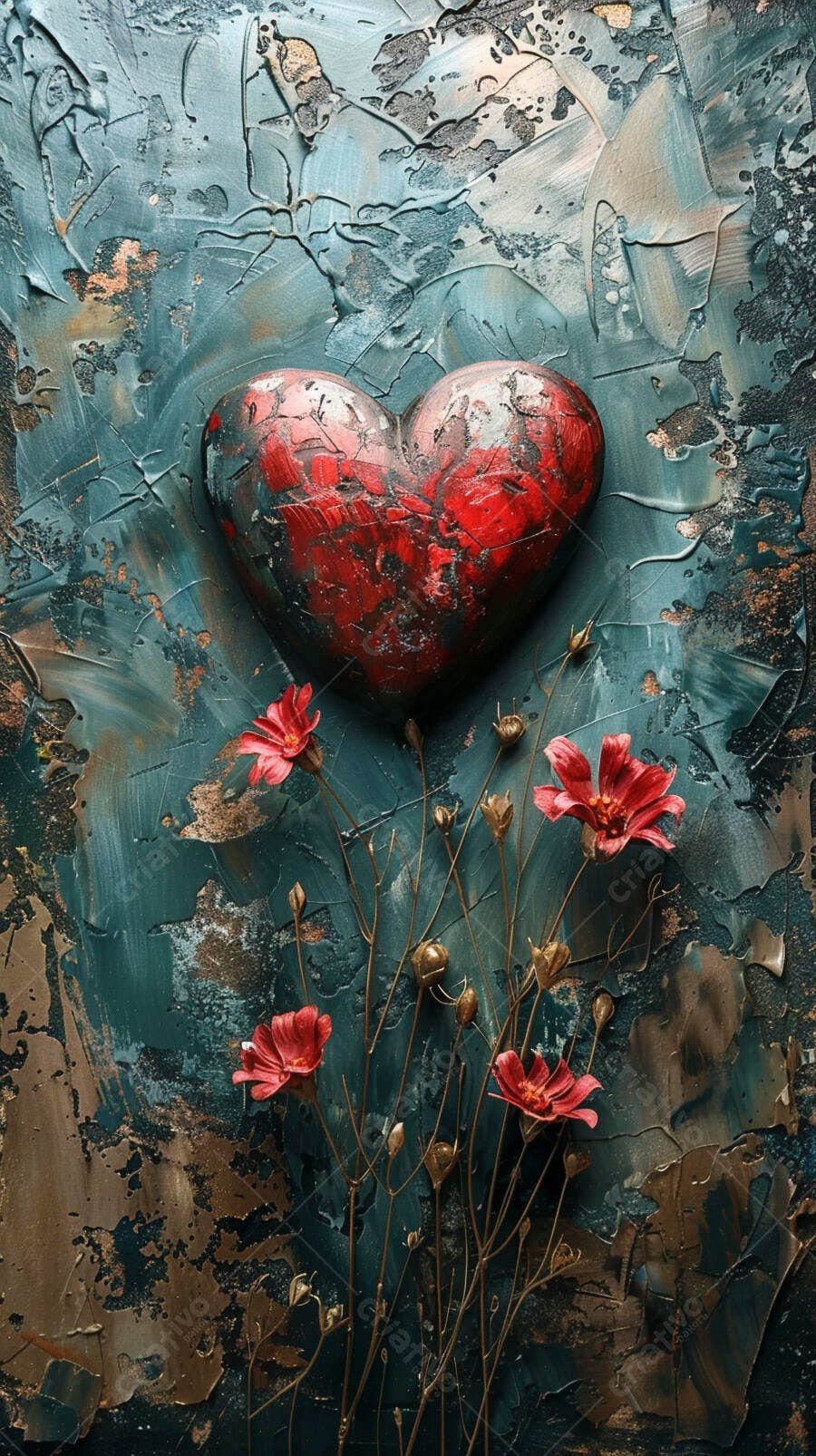 Coração vermelho texturizado com flores douradas em fundo azul-petróleo artístico