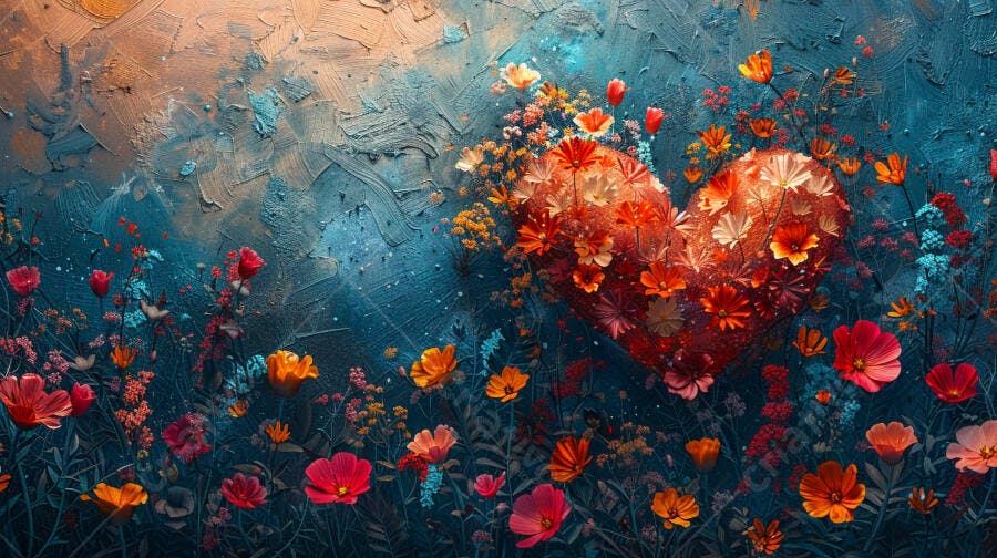 Coração de flores vibrantes em fundo azul texturizado amor e romance