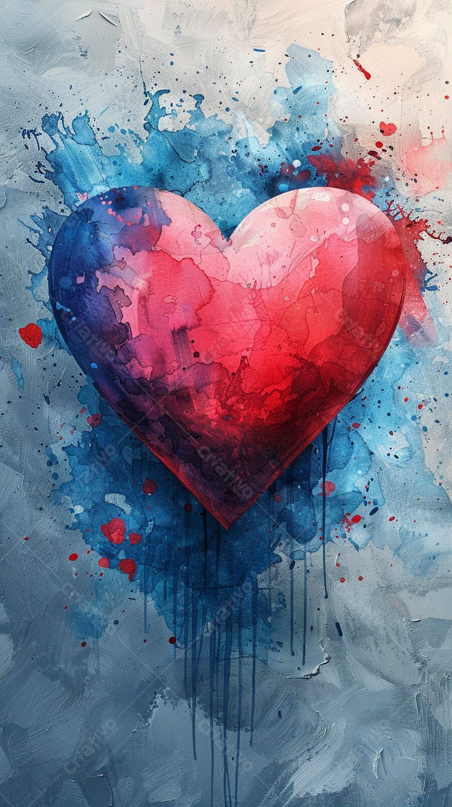 Coração aquarela vibrante em tons de vermelho e azul
