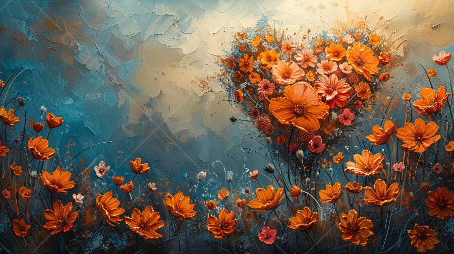Campo de flores vibrantes laranja e azul pintura abstrata com textura