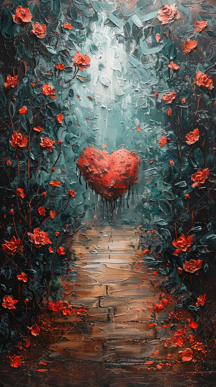 Coração vermelho sangrando em caminho de rosas escuras arte digital