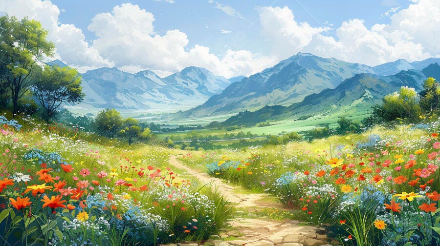 Campo de flores vibrantes com trilha montanhas e céu azul ensolarado