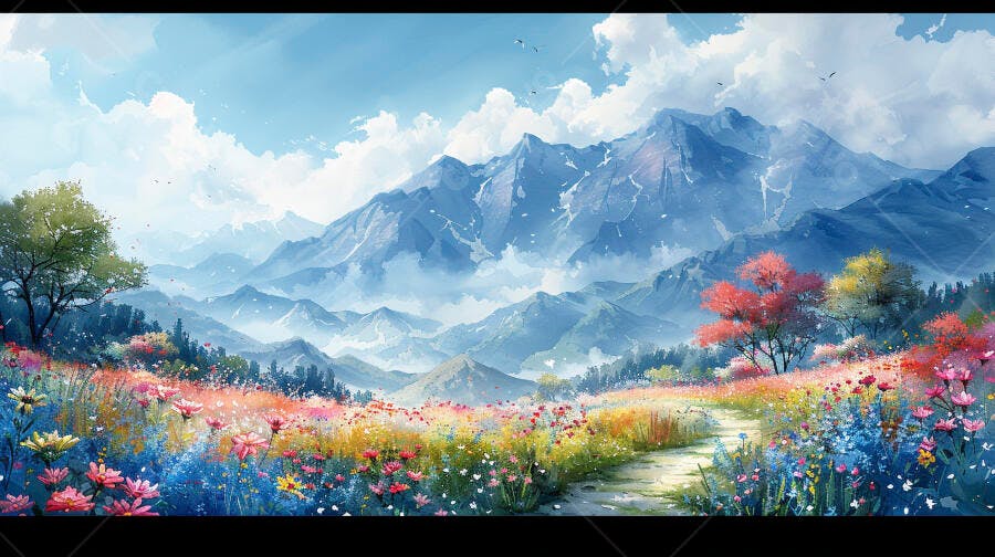 Paisagem de montanhas azuis com campo de flores coloridas e caminho