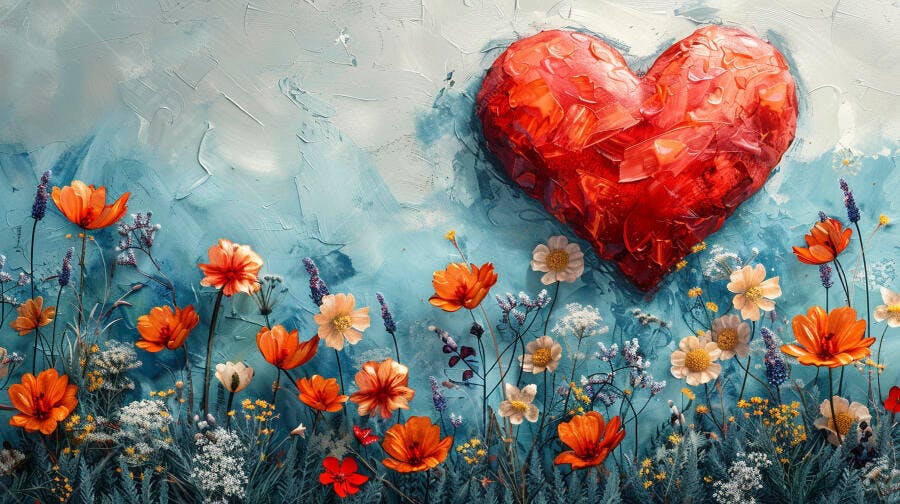Coração vermelho texturizado com flores vibrantes em fundo azul pintado à mão