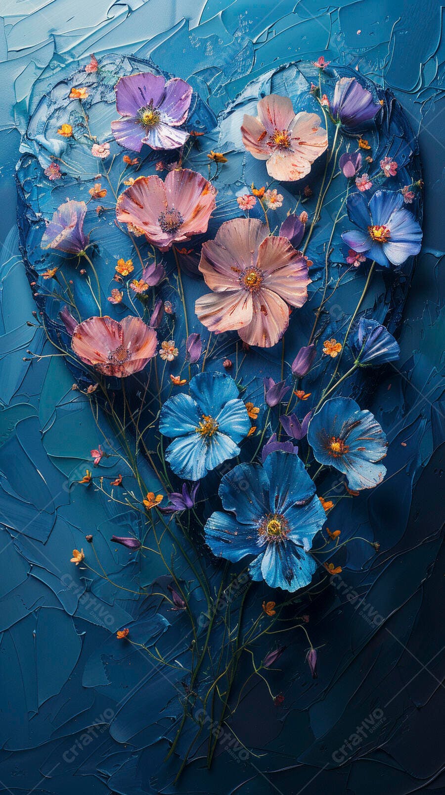 Arranjo floral em forma de coração com flores azuis e rosas em pintura a óleo