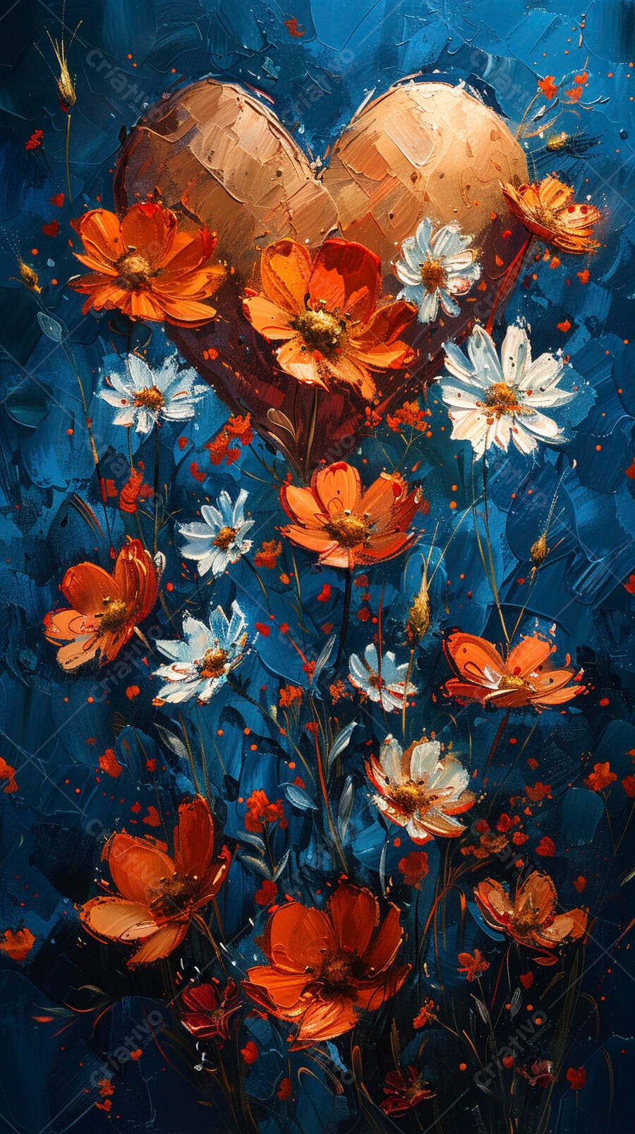 Coração em pintura a óleo com flores vibrantes e fundo azul escuro