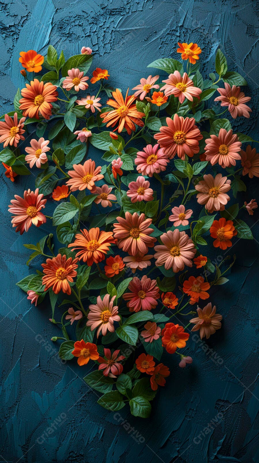 Flores laranjas e rosas em formato de coração fundo azul texturizado