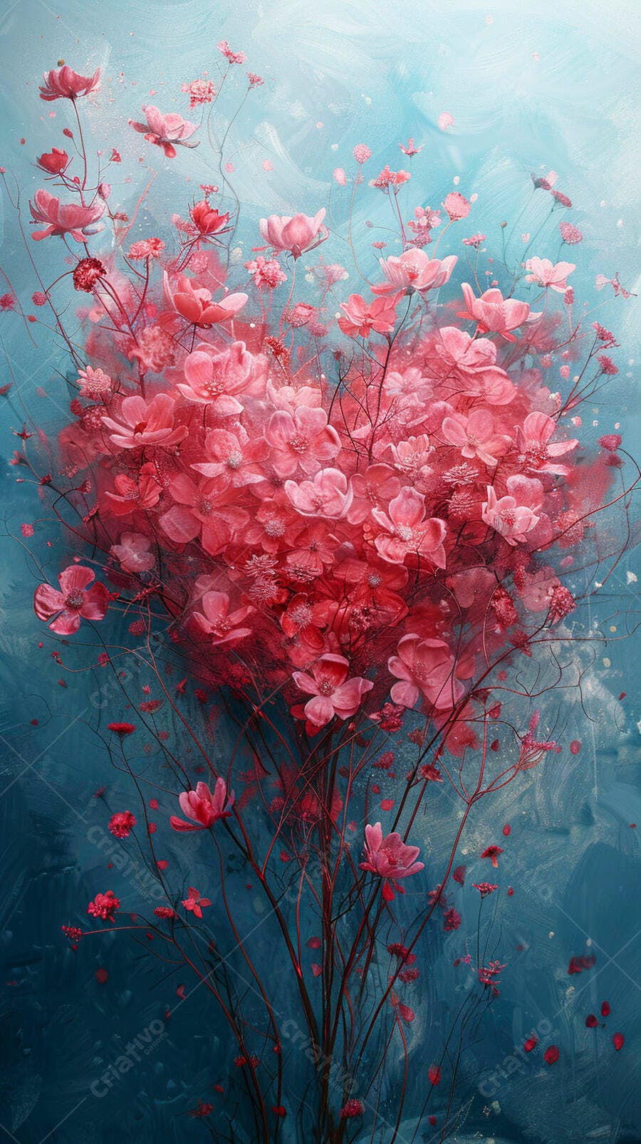 Flores cor de rosa em formato de coração sobre fundo azul aguado