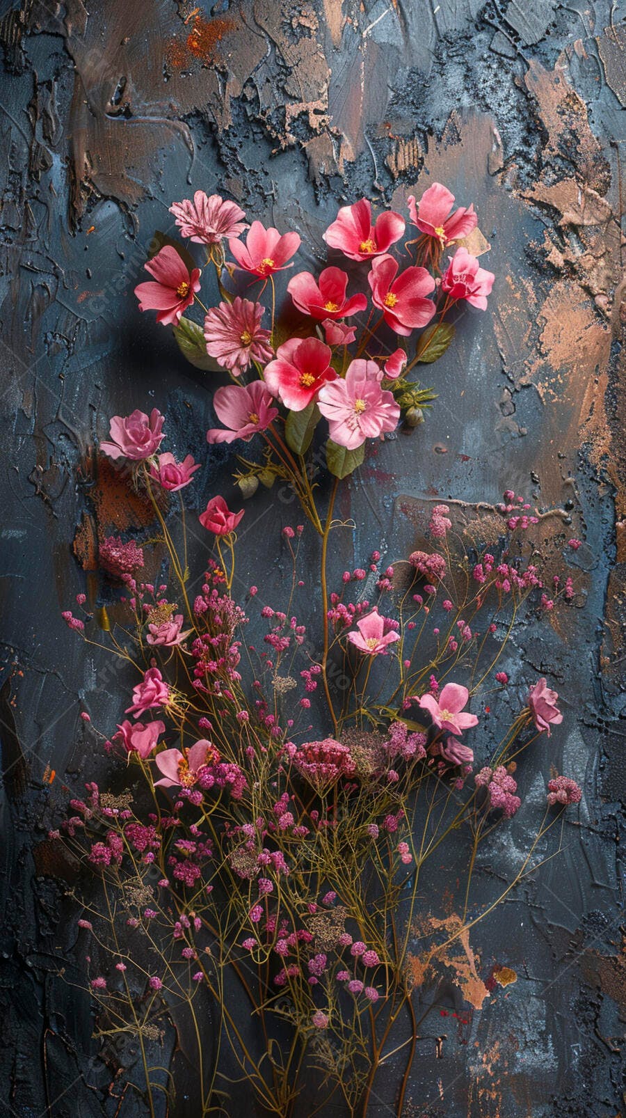 Flores cor de rosa e fúcsia em arranjo artístico com fundo texturizado escuro