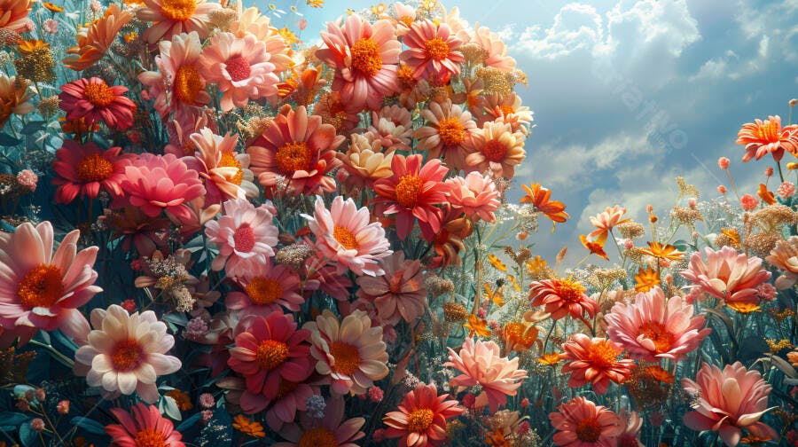 Campo de flores vibrantes rosas e laranjas sob céu azul claro