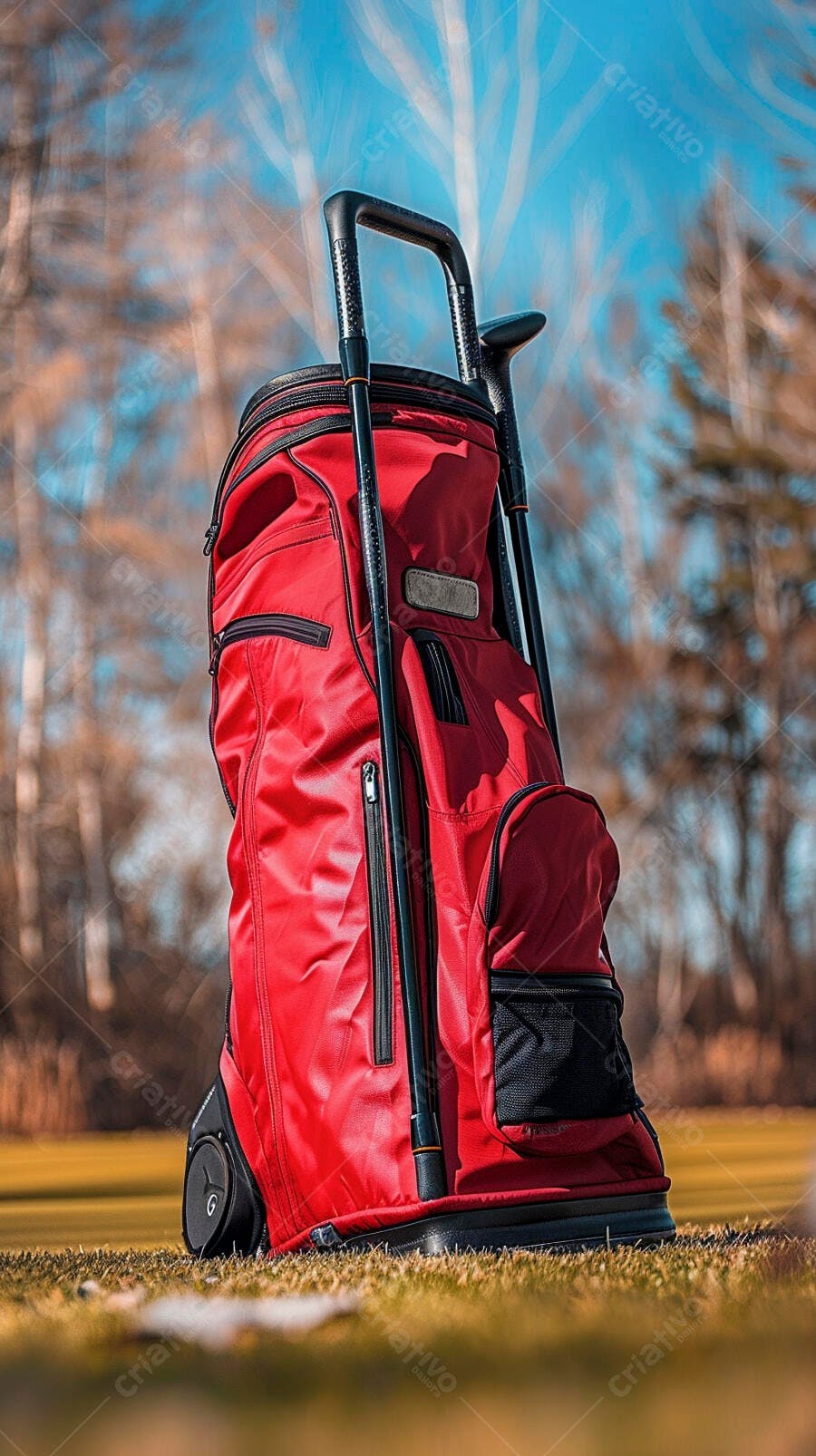 Bolsa de golfe vermelha com tacos em campo verde ensolarado