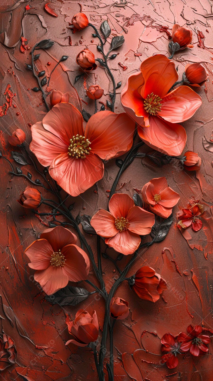 Flores vermelhas texturizadas em relevo 3D fundo artístico em tons terracota