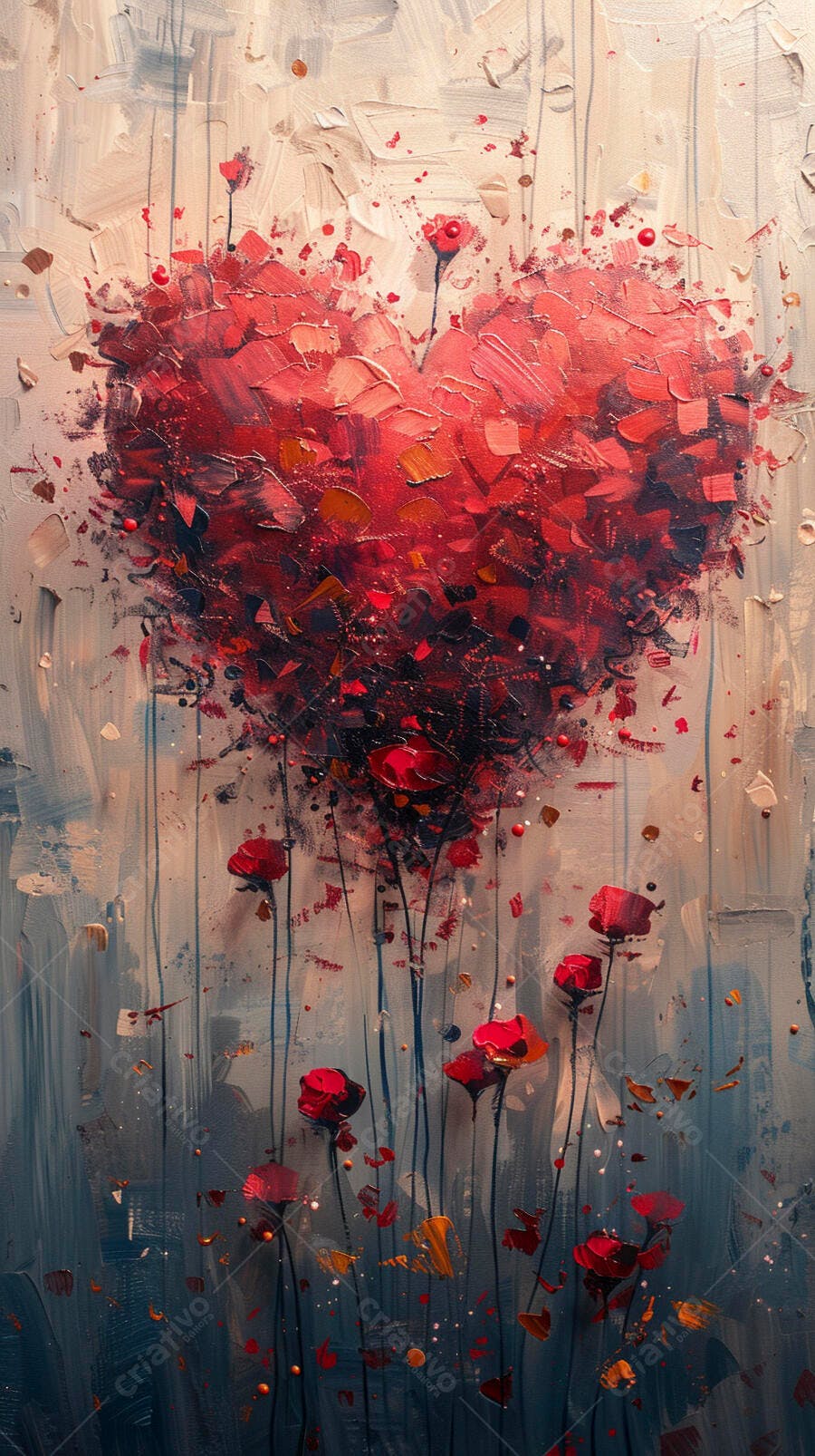 Coração vermelho abstrato em pintura com textura de flores e fundo claro
