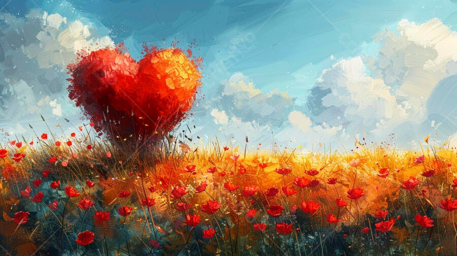 Coração vermelho vibrante em campo de flores ao ar livre pintura estilo óleo