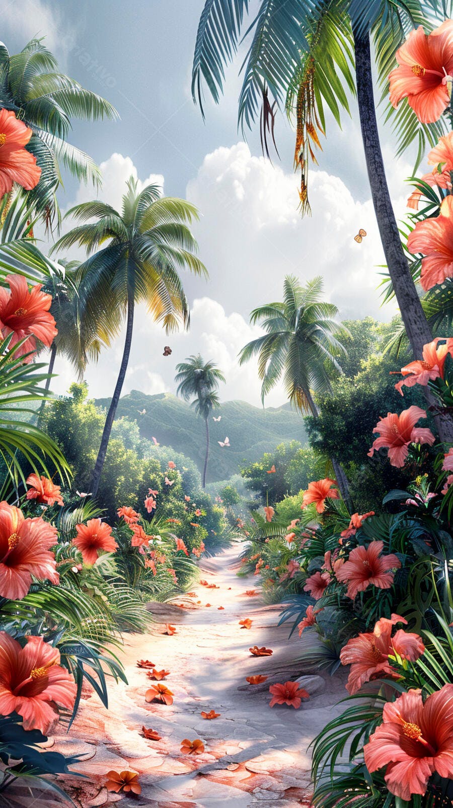 Caminho tropical com palmeiras e hibiscos corais em paisagem exuberante
