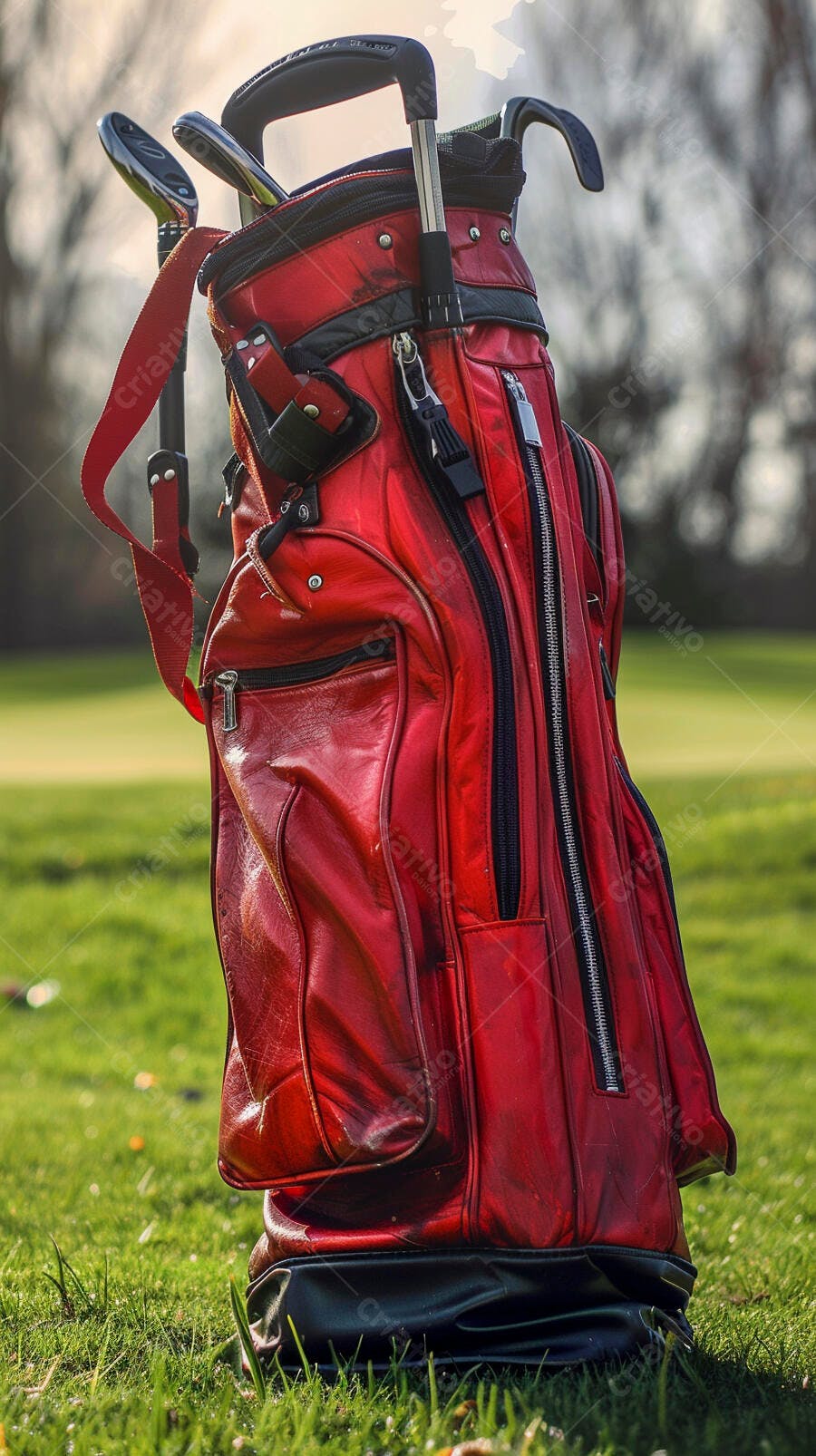 Bolsa de golfe vermelha com tacos em campo verde ensolarado