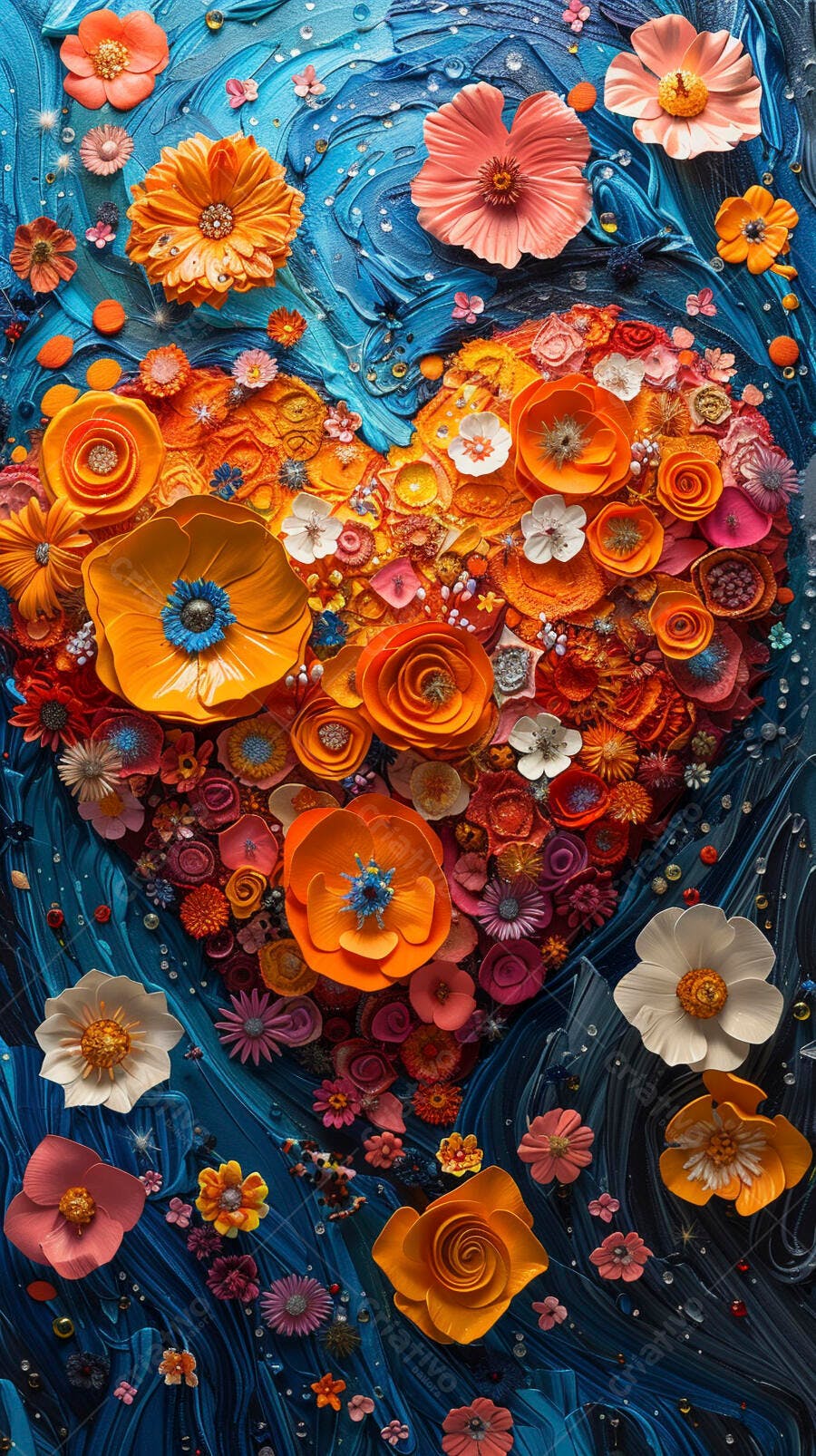 Coração de flores vibrantes em tons de laranja e rosa sobre fundo azul texturizado