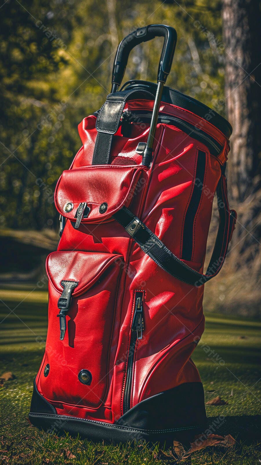 Bolsa de golfe vermelha de couro em campo verde sob o sol