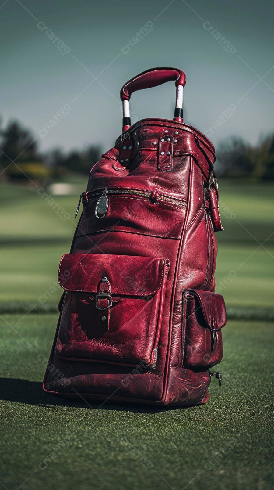 Mala de viagem em couro vermelho escuro vintage em campo de golfe verde