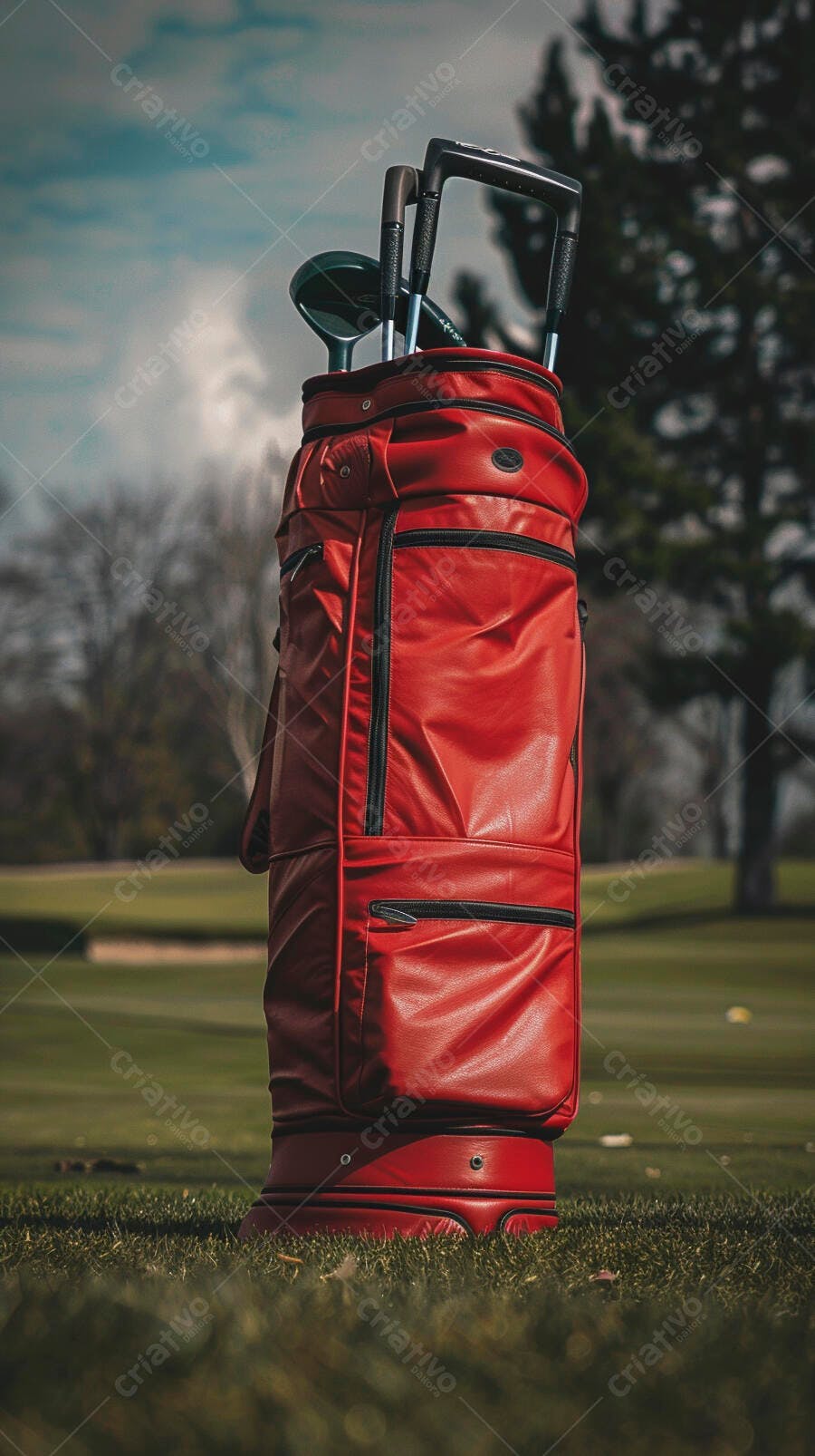 Bolsa de golfe vermelha com tacos em campo verde ensolarado