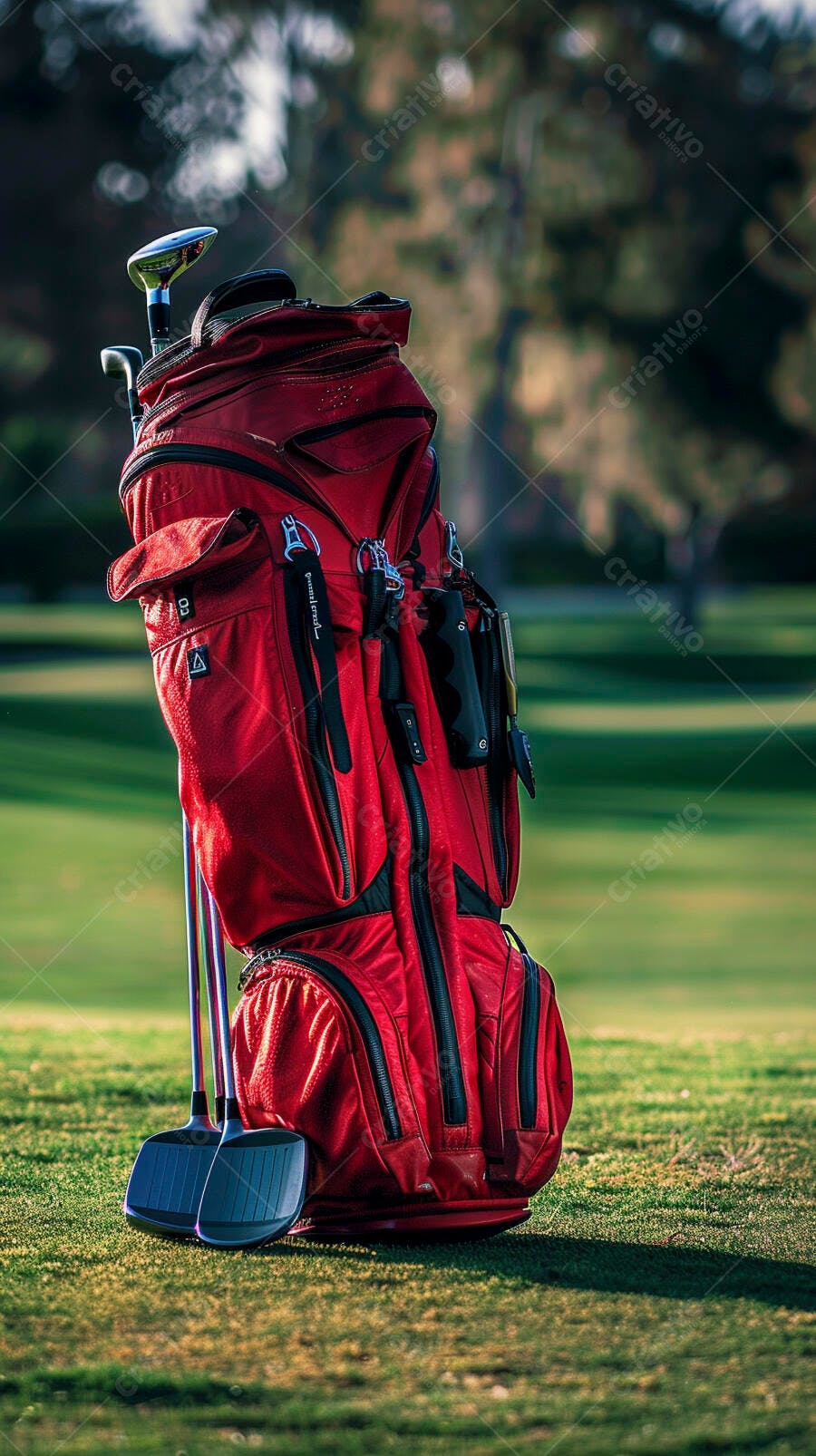 Saco de golfe vermelho com tacos de metal no campo verde sob o sol