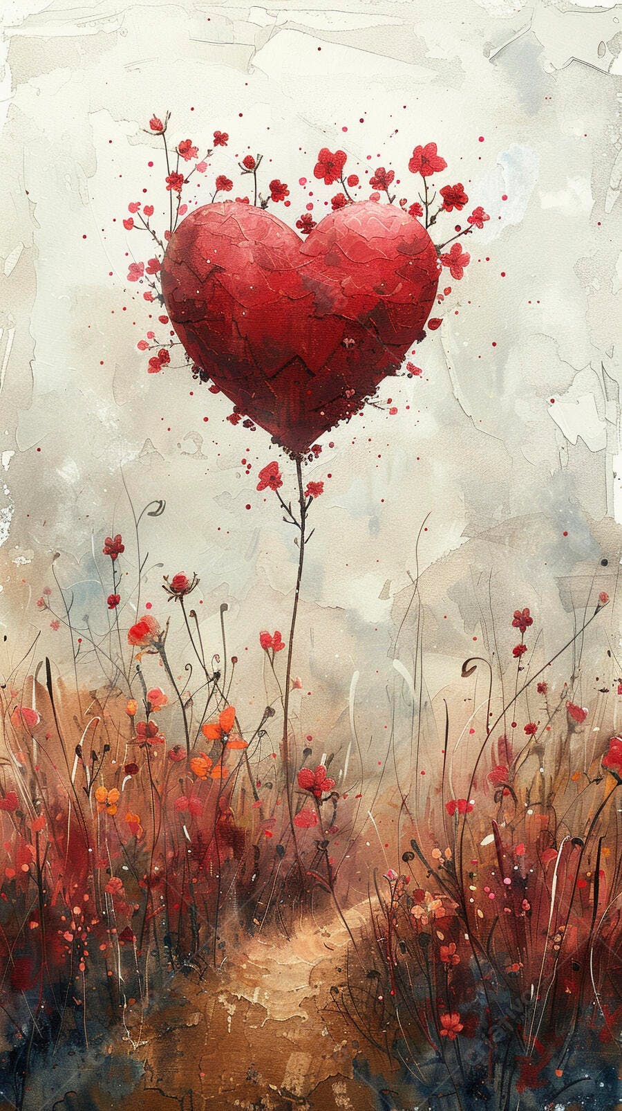 Coração vermelho vibrante em campo de flores e caminho estilo aquarela