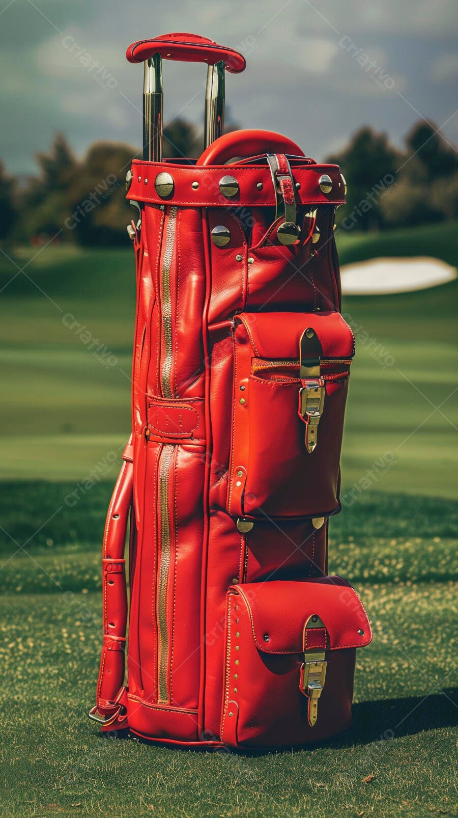 Bolsa de golfe vermelha luxuosa em campo verde ensolarado