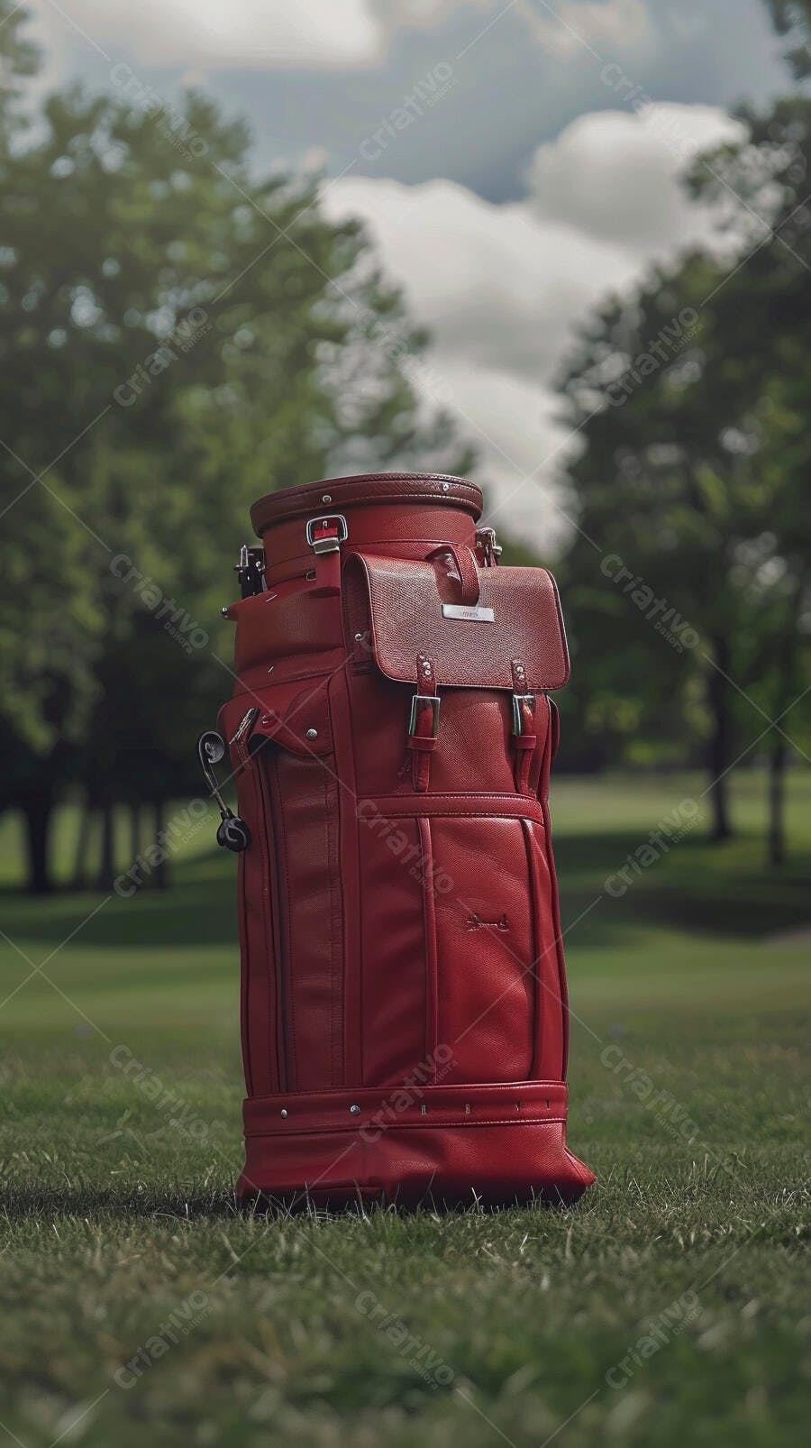 Bolsa de golfe vermelha luxuosa em campo verde sob céu nublado
