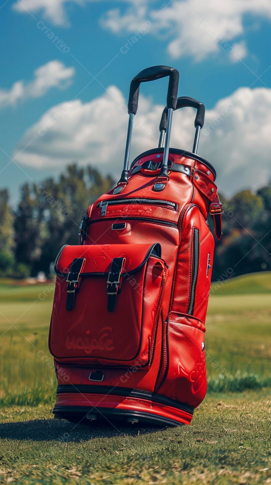 Bolsa de golfe vermelha vibrante em campo verde sob céu azul