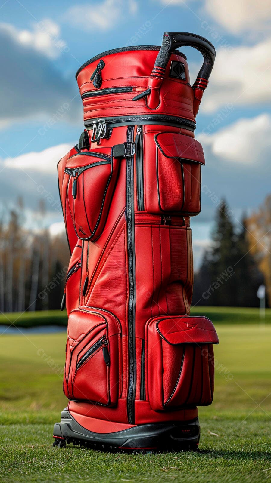 Bolsa de golfe vermelha vibrante em campo verde sob céu azul claro