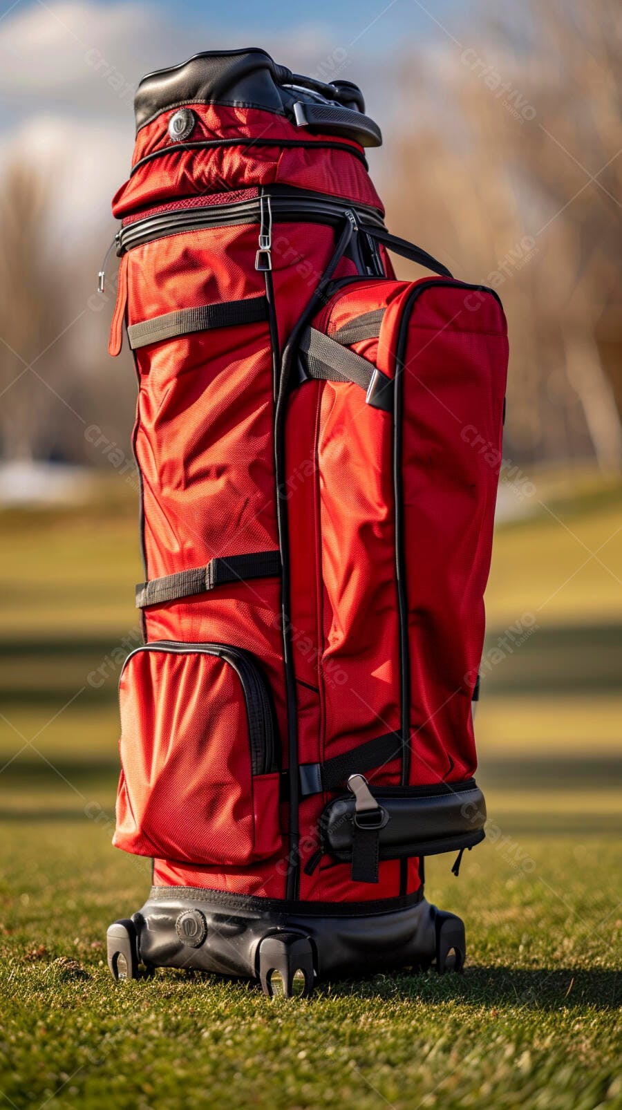 Bolsa de golfe vermelha em campo de golfe sob o sol claro