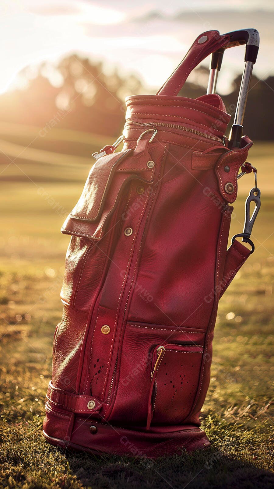 Bolsa de golfe de couro vermelho em campo verde ao pôr do sol