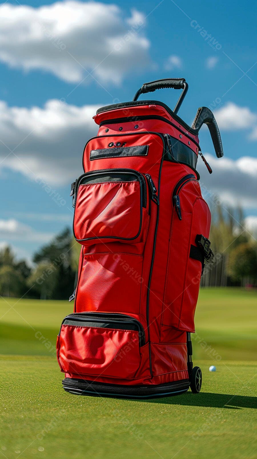 Bolsa de golfe vermelha e preta em campo verde sob céu azul