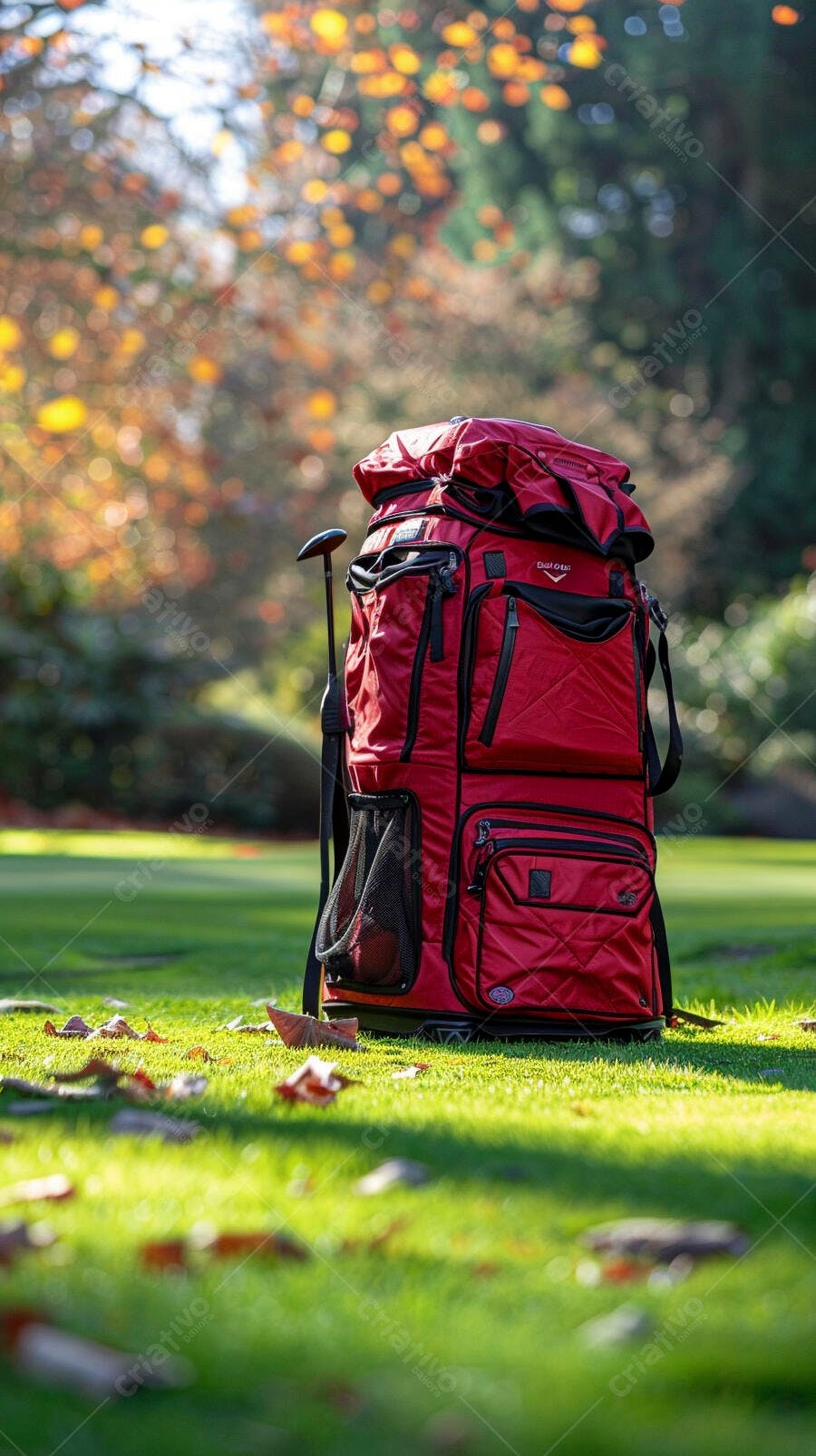 Bolsa de golfe vermelha vibrante em campo verde outonal ensolarado