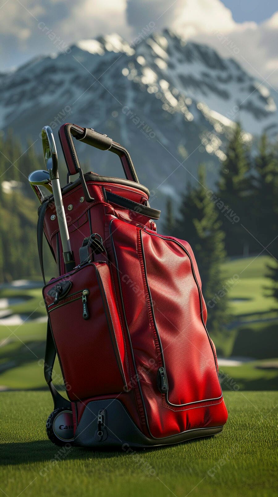 Bolsa de golfe vermelha vibrante com tacos em campo verde montanhoso