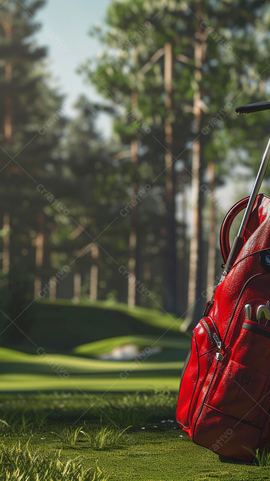 Bolsa de golfe vermelha em campo verde com pinheiros e bunker