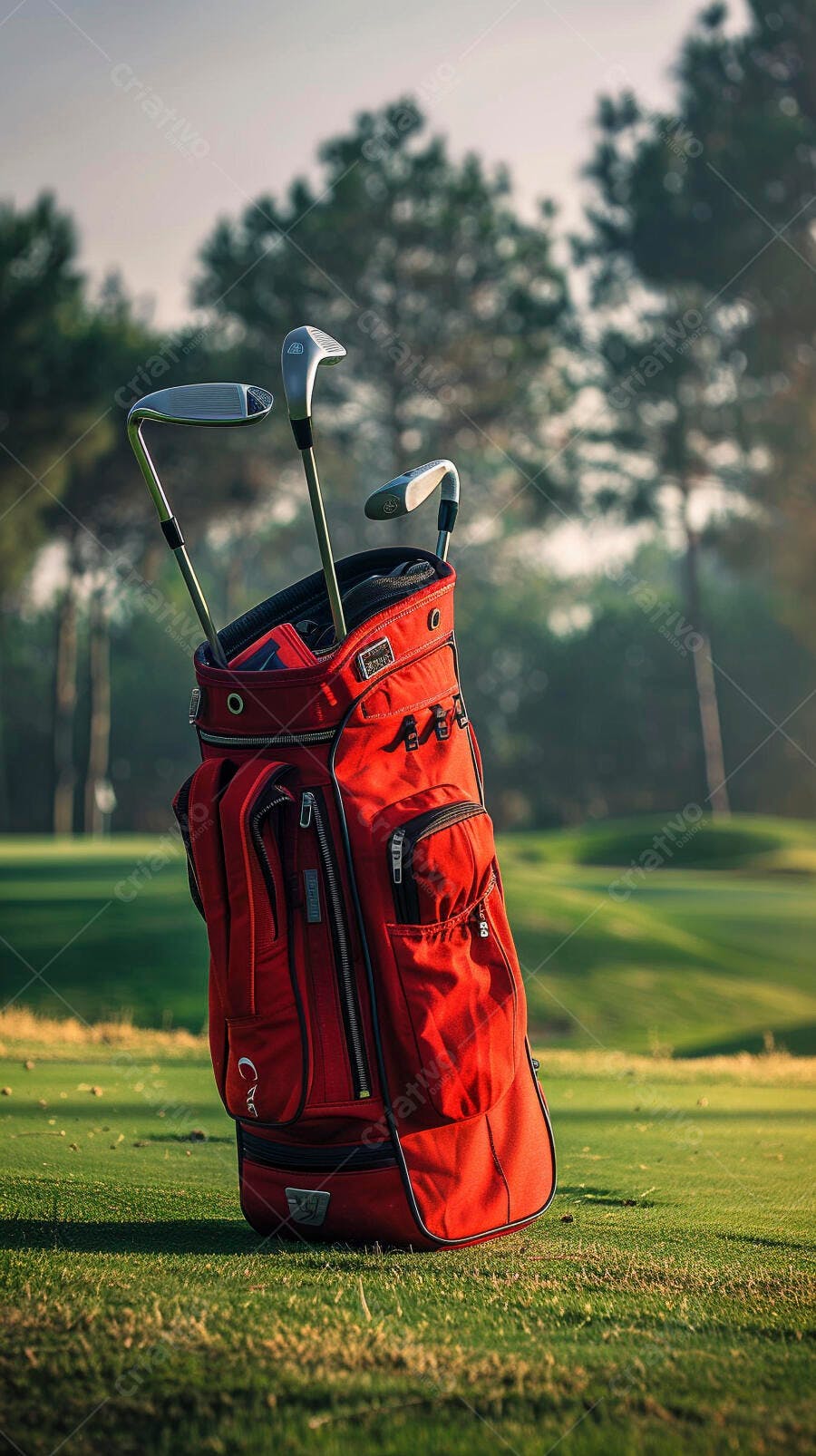 Bolsa de golfe vermelha com tacos em campo verde ao entardecer