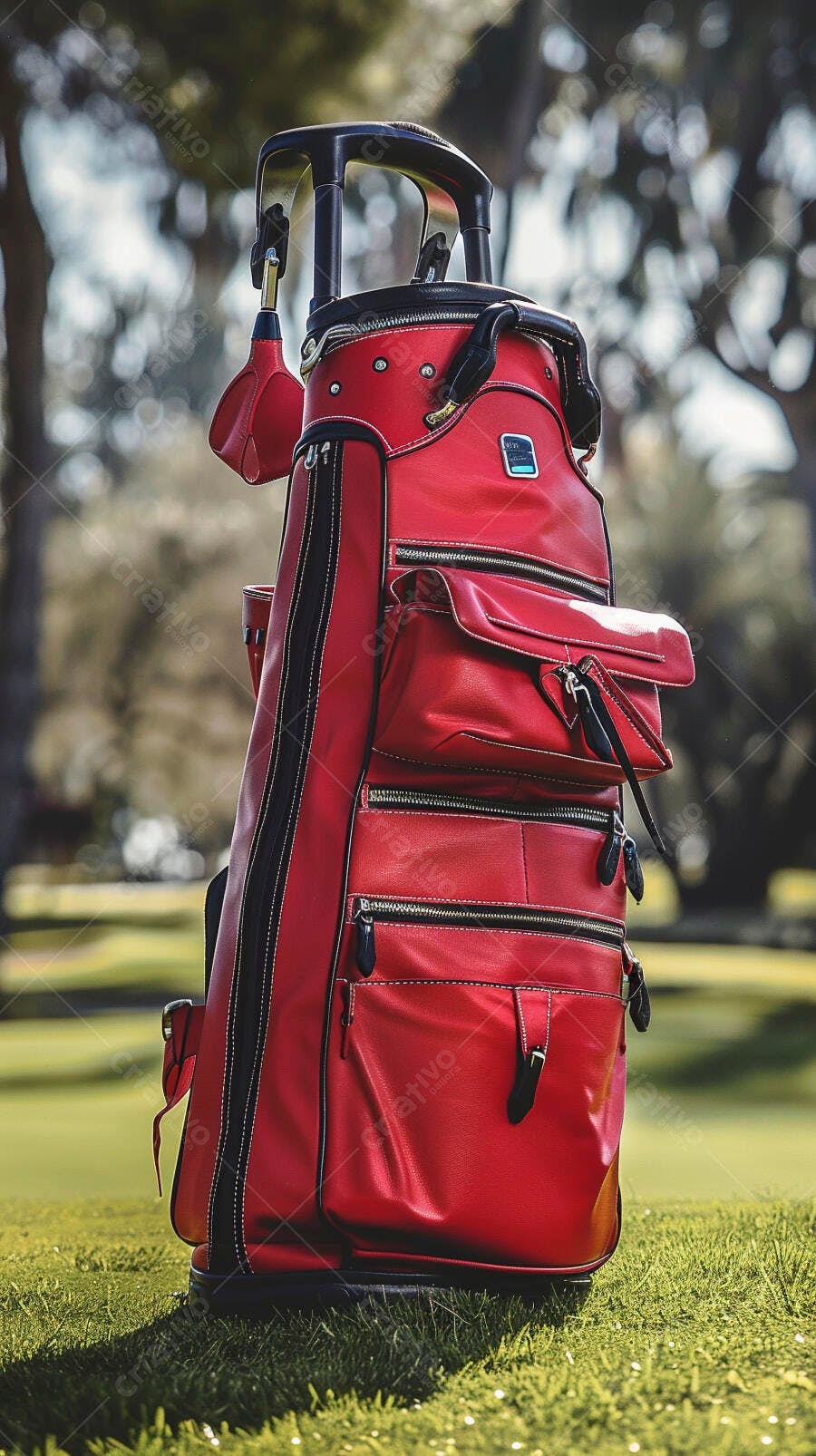 Bolsa de golfe vermelha luxuosa em campo verde ensolarado