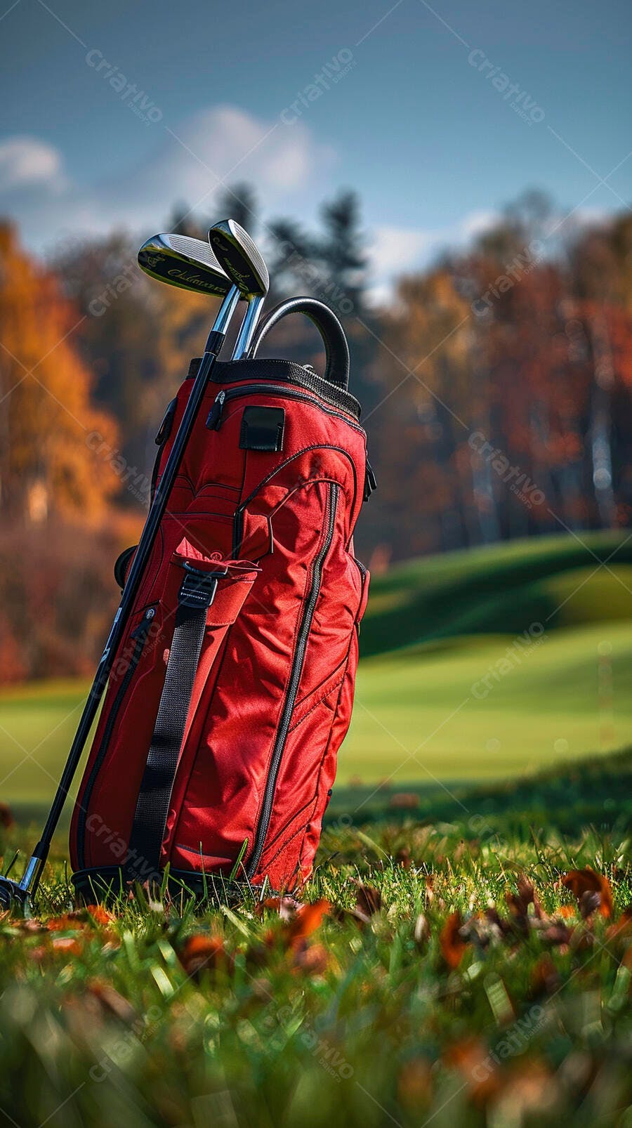 Bolsa de golfe vermelha com tacos no campo em dia ensolarado de outono