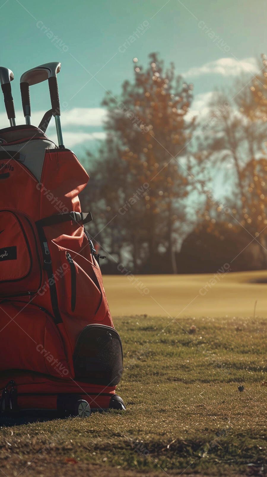 Bolsa de golfe vermelha com tacos no campo ensolarado
