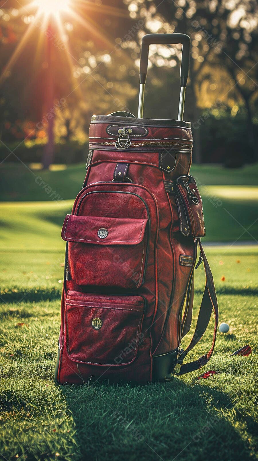Bolsa de golfe vermelha vintage em campo ensolarado ao amanhecer
