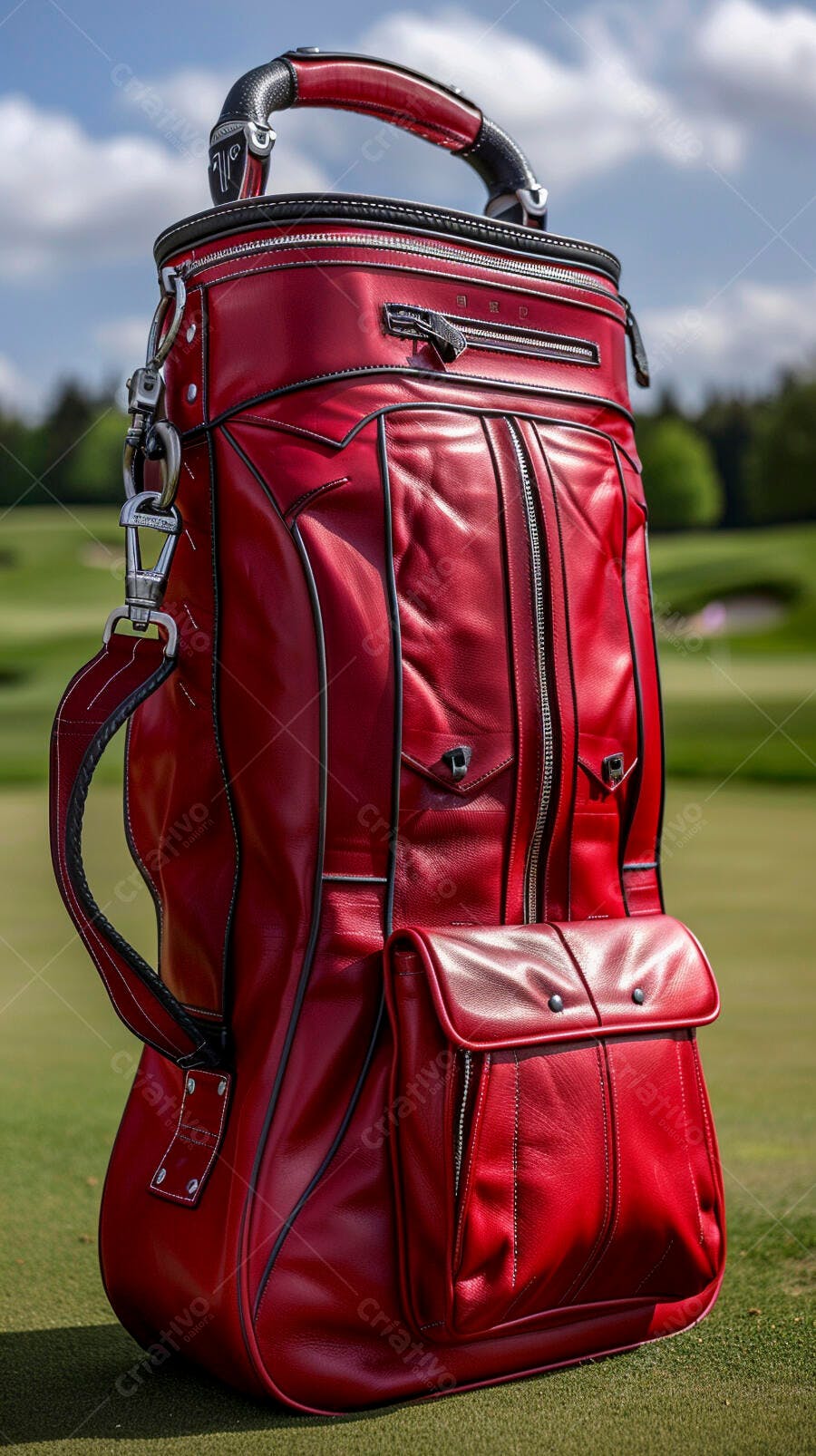 Bolsa de golfe vermelha de couro luxuosa em campo de golfe