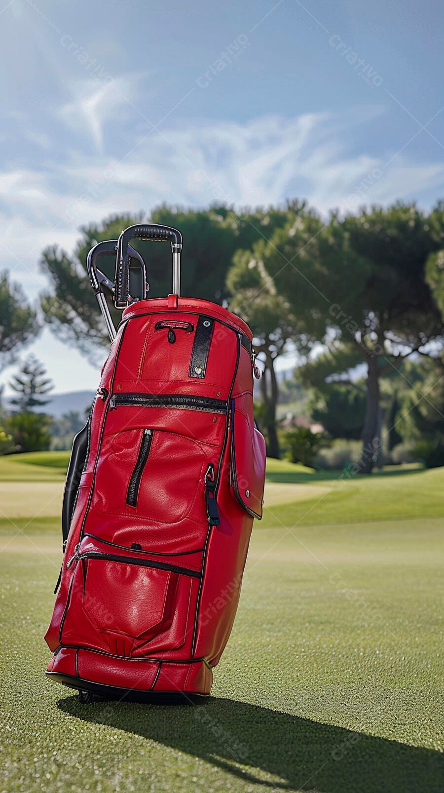 Bolsa de golfe vermelha vibrante em campo verde ensolarado