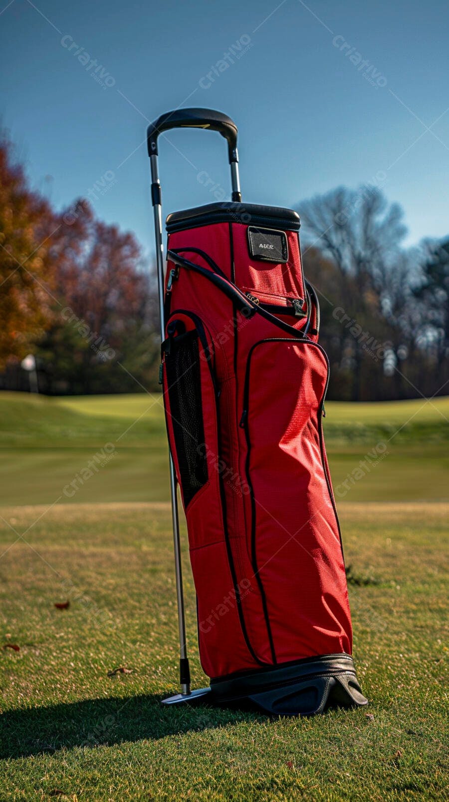 Saco de golfe vermelho brilhante em campo de golfe verde sob céu azul claro