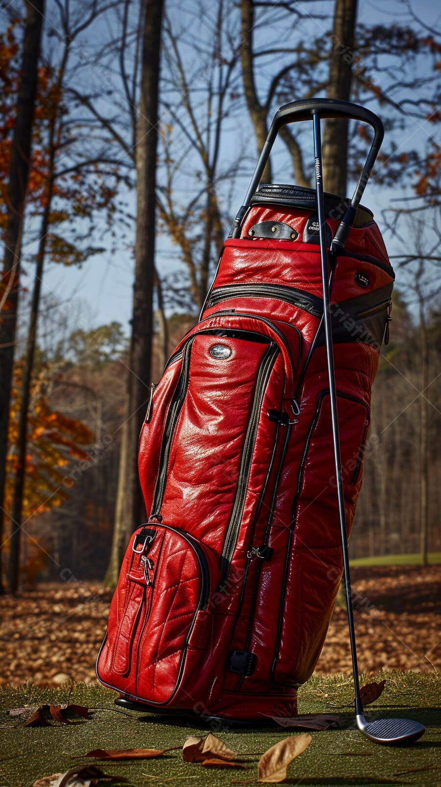 Bolsa de golfe vermelha com taco em campo outonal e folhas caídas