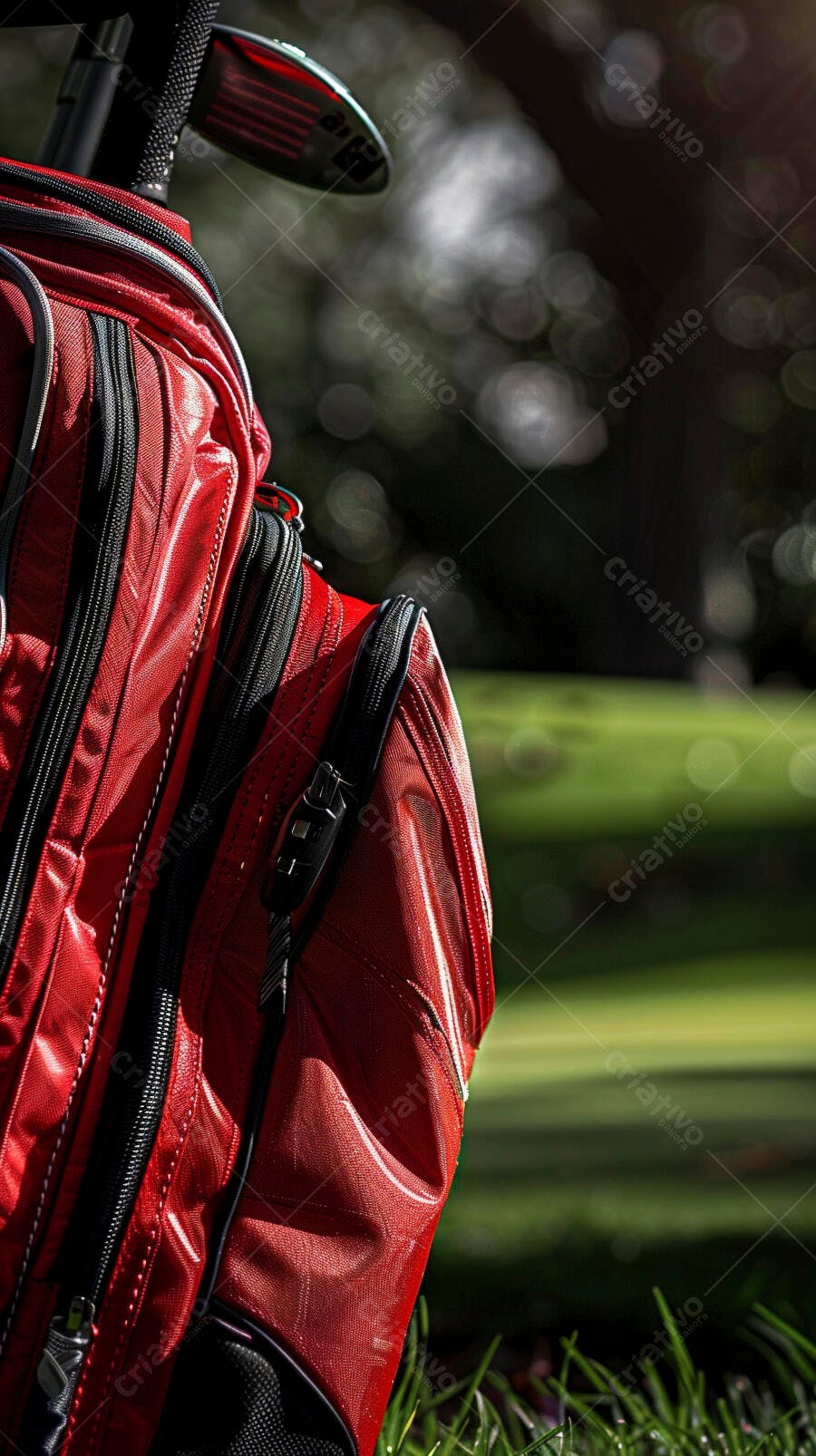 Bolsa de golfe vermelha com taco em campo verde ensolarado